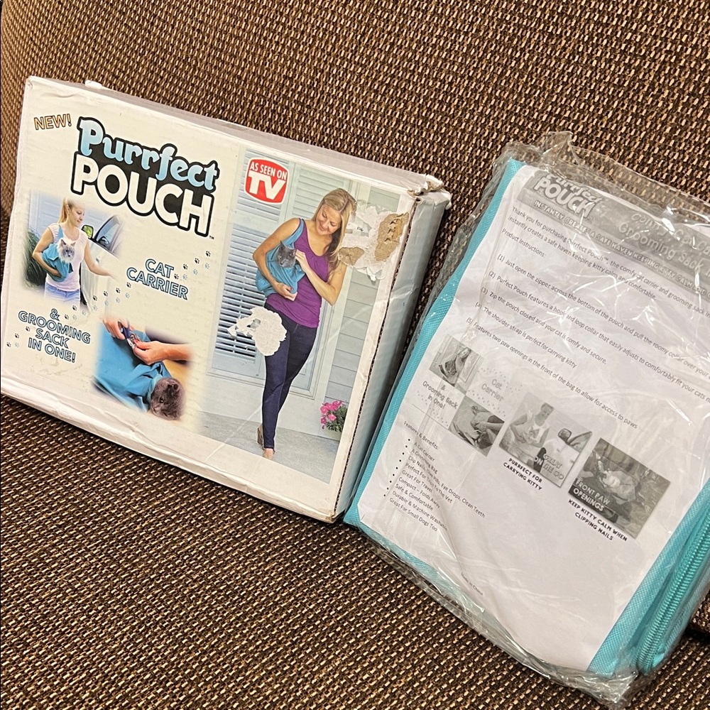 Purrfect Pouch Cat Carrier & Grooming Sack in One: Teal Blue, New